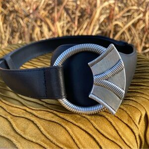 Chico’s Women’s Adjustable Black Leather Belt with Artistic Nickel-Toned Buckle